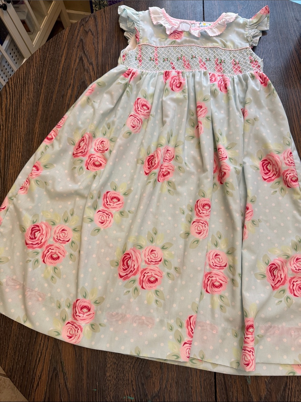 Sugar Dumplin Size 10 Pink Rose Smocked Floral Dress - Light Blue